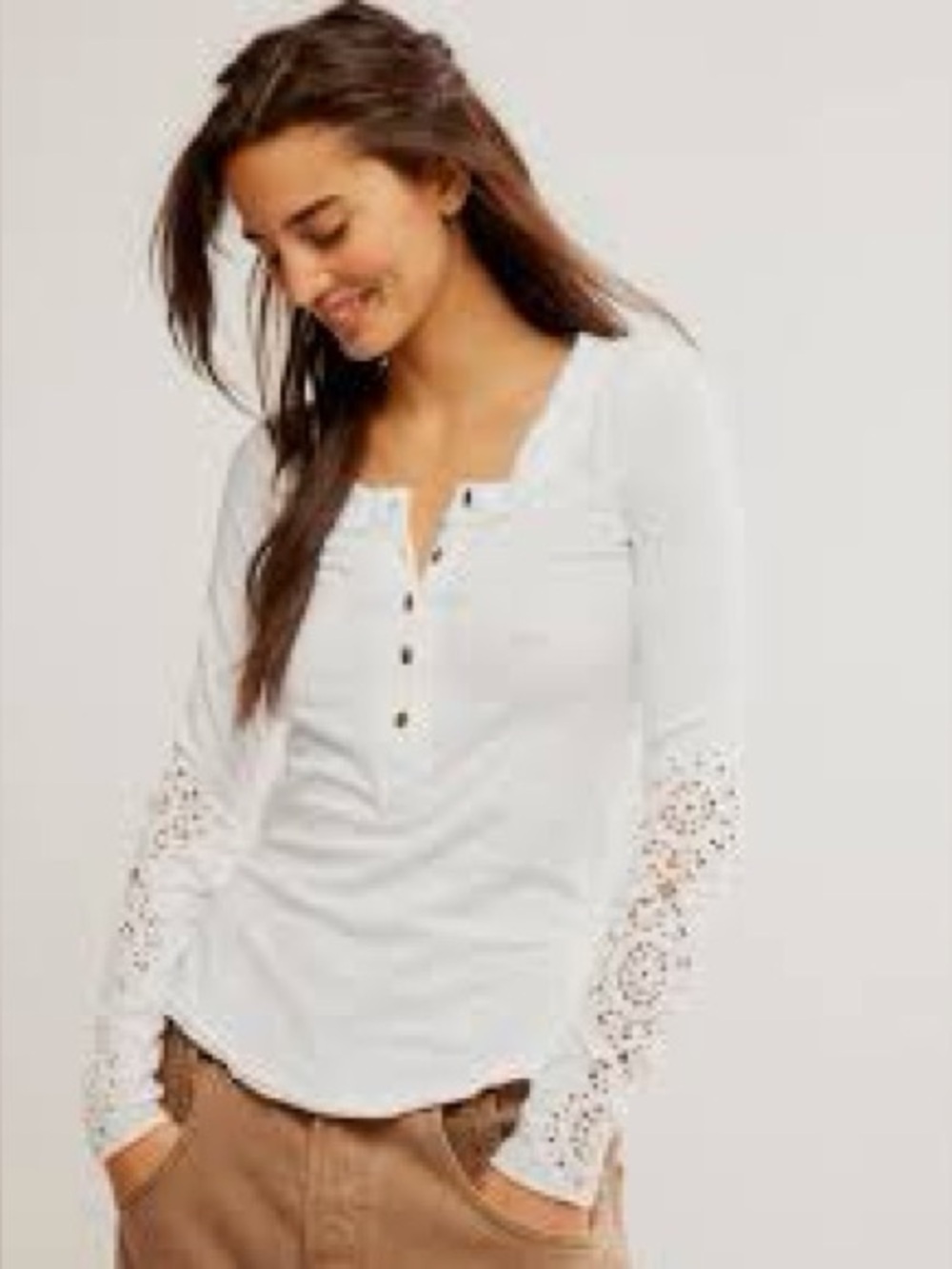 Free People White Lace Sleeve Henley Long Sleeve Top